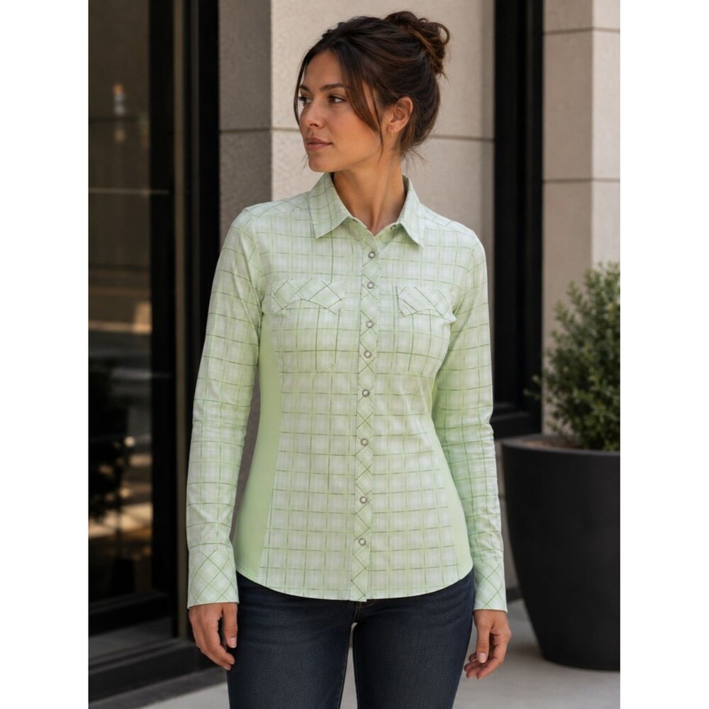 REI Women’s Long Sleeve Hiking Shirt Green Plaid Snap Front - Large